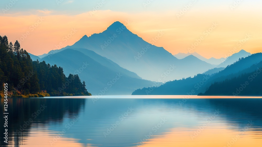 Serene mountain lake reflects soft sunset hues. AI Generated Serene mountain lake reflects soft sunset hues. AI Generated