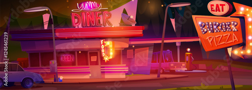 Cartoon diner panorama at sunset - neon storefront with illuminated signage, street lamps, parked vehicles on vibrant pink and purple sky. Fast food establishment near gas station exterior scene.