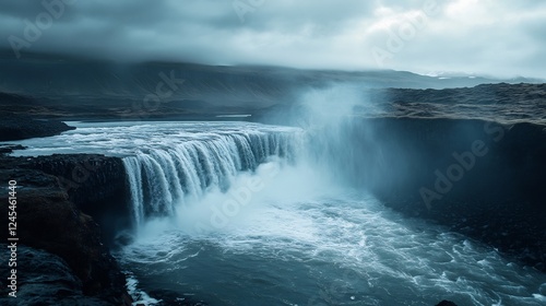 Powerful waterfall cascades dramatically under moody sky. AI Generated