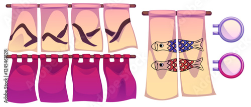 Japanese curtains set isolated on white background. Vector cartoon illustration of traditional asian cloth banners hanging on bamboo stick, decorated with oriental symbols, shop or cafe window drape