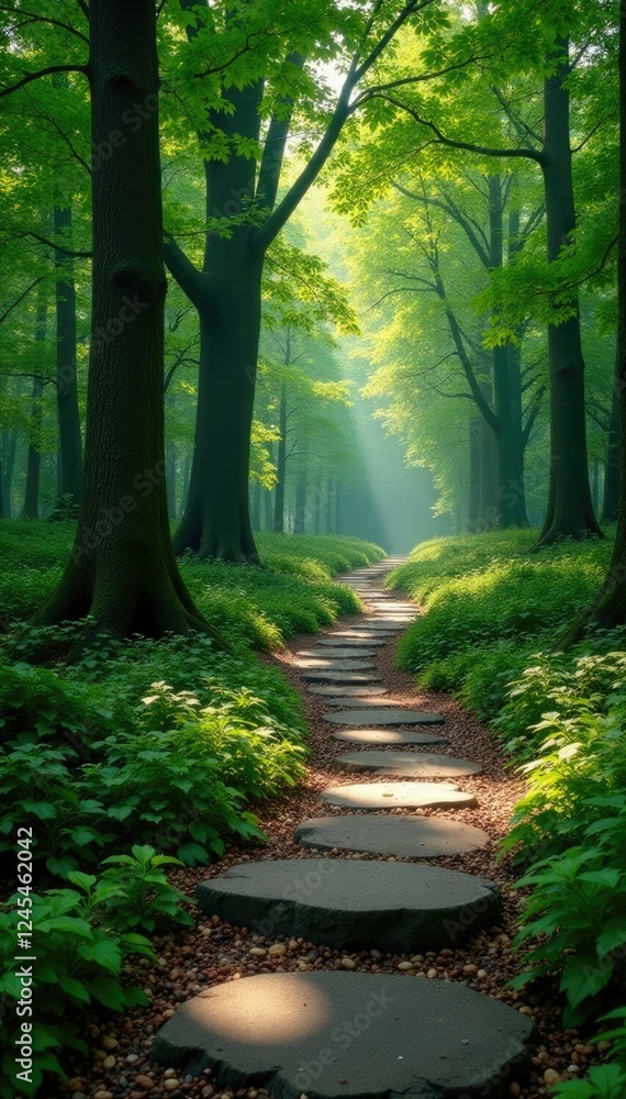 Obraz premium A winding stone pathway through a forest of trees, scenery, trees
