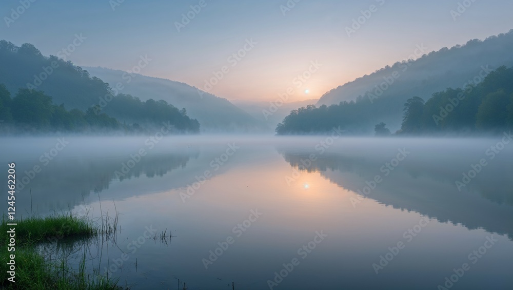 Serene Sunrise Over the Calm Lake with Morning Mist and Mountain Reflection Serene Sunrise Over the Calm Lake with Morning Mist and Mountain Reflection