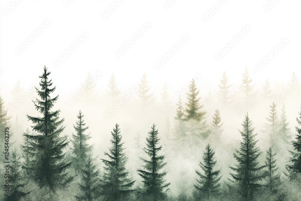 Obraz premium Watercolor foggy forest landscape illustration. 
