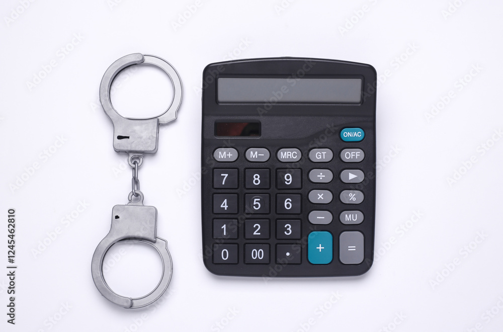 Calculator with handcuffs on white background