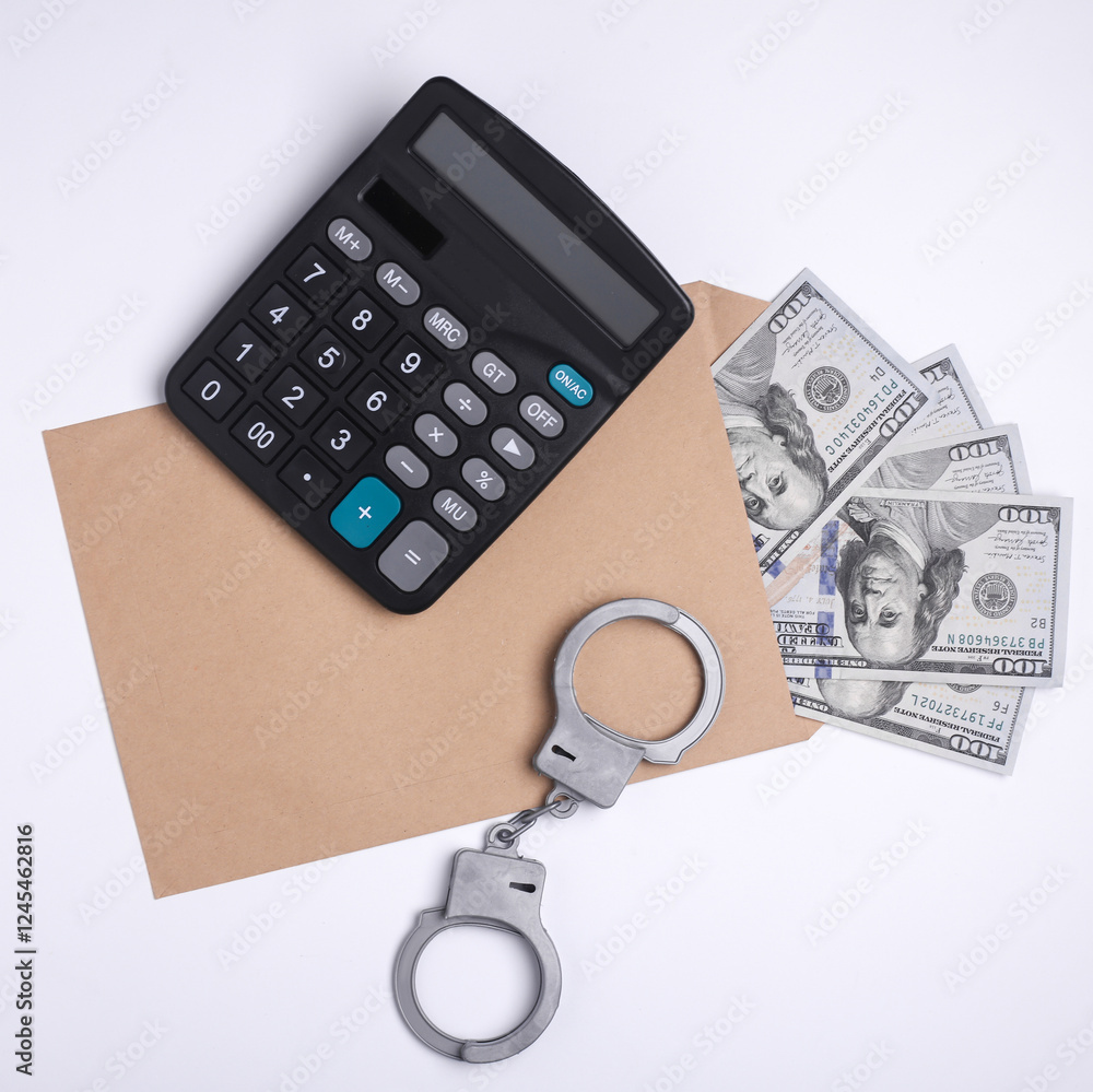 Envelope with money, calculator and handcuffs on a white background. Corruption, crime Envelope with money, calculator and handcuffs on a white background. Corruption, crime