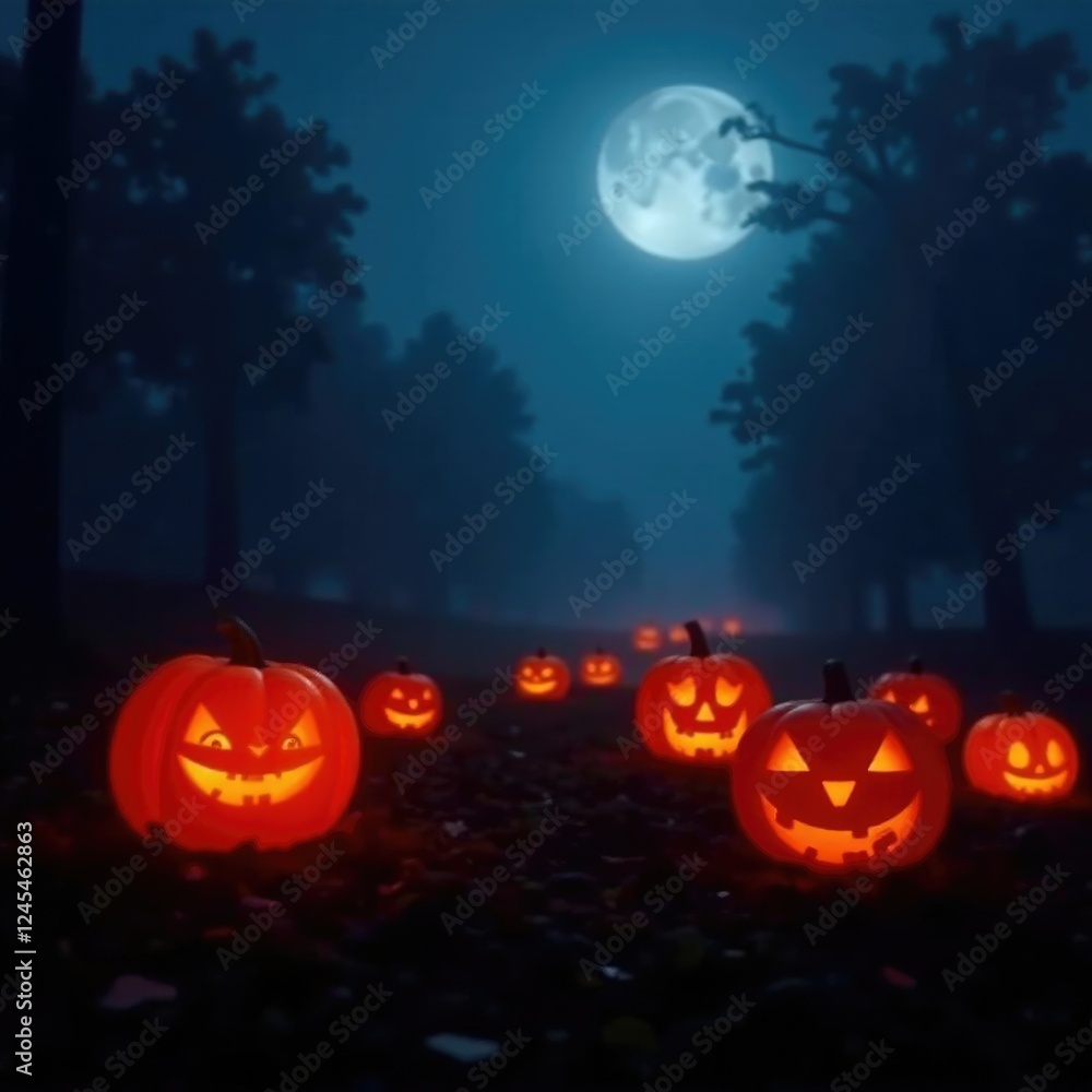 Fototapeta premium A softly lit ring of jack o lanterns glows in the foggy night, spooky, nighttime, glowing