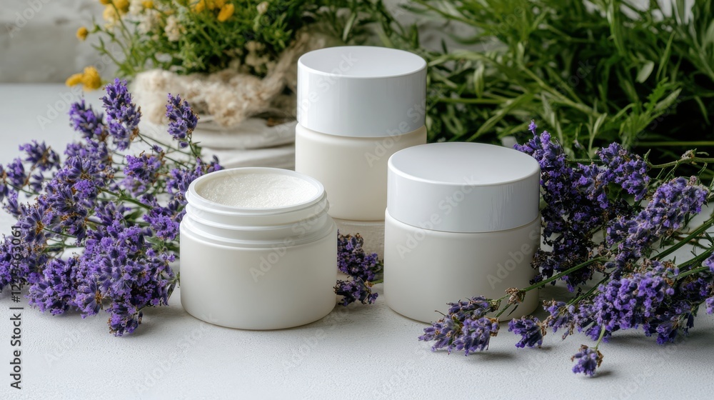 Elegant white cosmetic containers artfully arranged amongst lavender flowers convey a sense of calm and purity, perfect for a luxury skincare brand. Elegant white cosmetic containers artfully arranged amongst lavender flowers convey a sense of calm and purity, perfect for a luxury skincare brand.