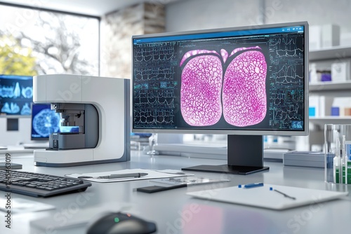 Pathology lab with digital scanning and AI for faster tissue diagnostics.