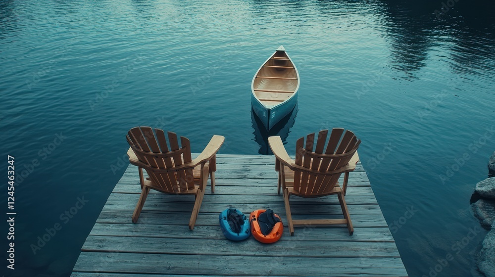 Fototapeta premium Calm lake view with canoe and Adirondack chairs on dock.