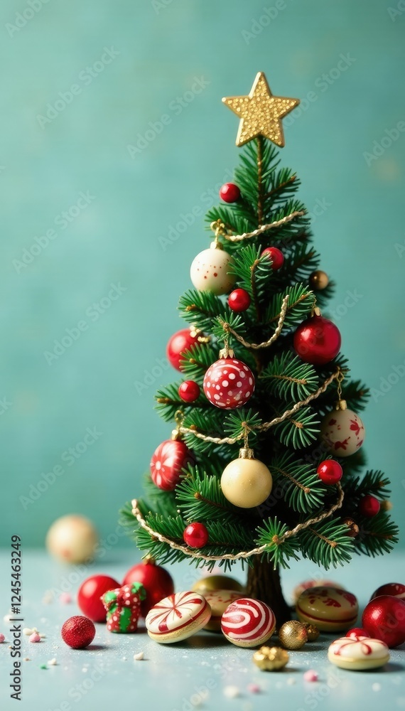 A small Christmas tree is decorated with an assortment of colorful candies, ornaments, holiday decor A small Christmas tree is decorated with an assortment of colorful candies, ornaments, holiday decor