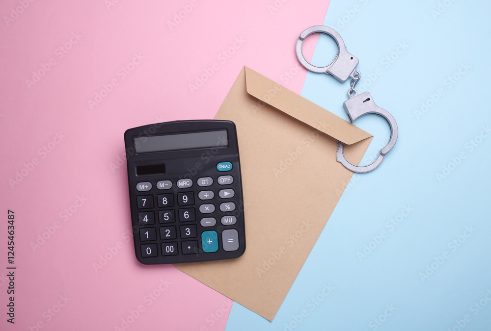 Envelope, calculator and handcuffs on pink blue background. Corruption, crime Envelope, calculator and handcuffs on pink blue background. Corruption, crime