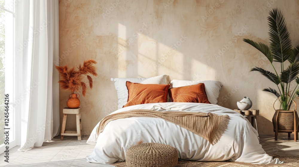 Bedroom, Cozy white bed near beige fabric near a palm tree and pampas grass against a concrete wall. Boho style interior