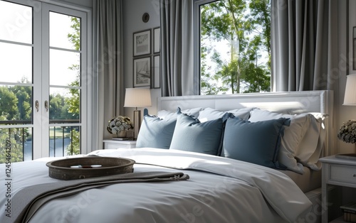 Bright bedroom with a white bed with blue pillows and grey curtains, and large windows offering a tranquil view of nature.