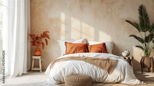 Obraz na płótnie Bedroom, Cozy white bed near beige fabric near a palm tree and pampas grass against a concrete wall. Boho style interior w salonie