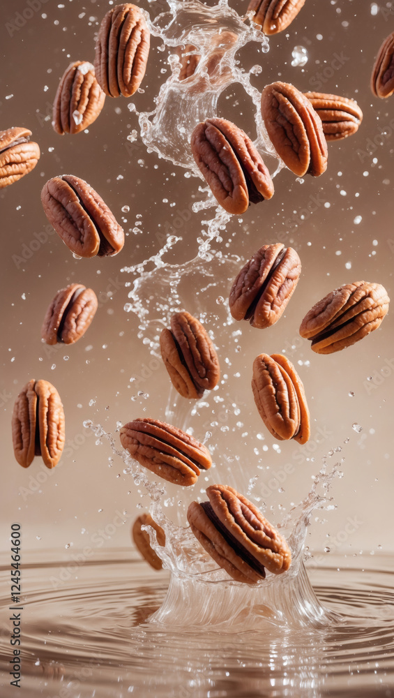 Pecans splashing into water, creating a vibrant and refreshing scene. Pecans splashing into water, creating a vibrant and refreshing scene.