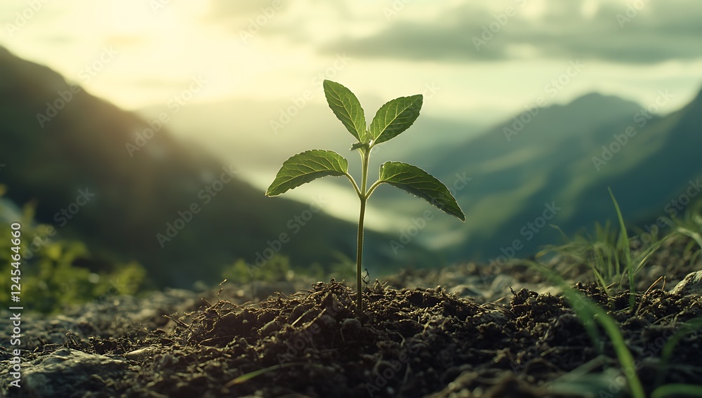 Fototapeta premium Young Plant Seedling Growing in Soil with Sunrise in Mountain Forest, Concept of New Life and Nature Conservation