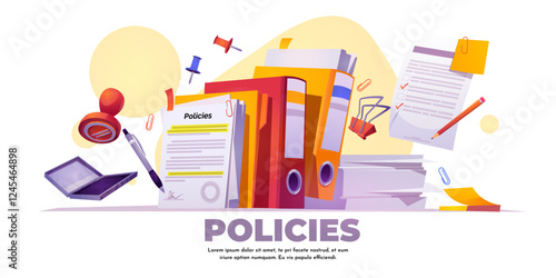Document procedures composition with policies folder, colorful binders, stamp, signature pen, paper clips, sticky notes and checklist. Office paperwork element for business legal regulation compliance