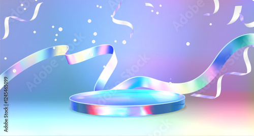 Holographic 3D round podium with floating confetti, ribbons in iridescent colors. Luminous platform display on gradient background with shimmering decorative elements for product presentation.