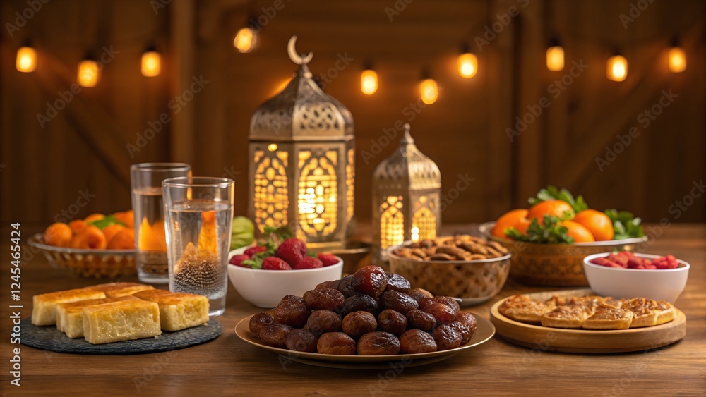 A beautifully arranged iftar meal with dates, water, and traditional Ramadan foods, set on a wooden table with warm golden light A beautifully arranged iftar meal with dates, water, and traditional Ramadan foods, set on a wooden table with warm golden light