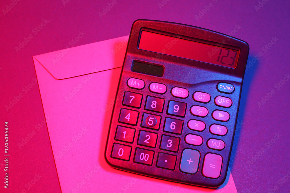 Calculator with envelope in red blue neon light Calculator with envelope in red blue neon light