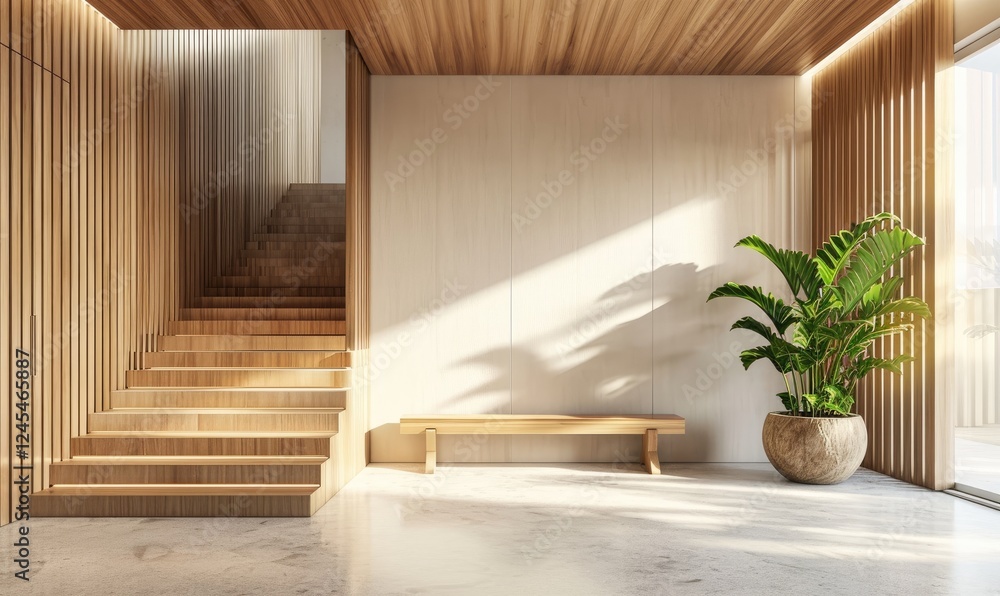 Scandinavian Minimalist entryway with a wooden staircase, bench, and potted plant for elegant space.