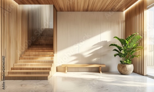 Obraz na płótnie Scandinavian Minimalist entryway with a wooden staircase, bench, and potted plant for elegant space. w salonie