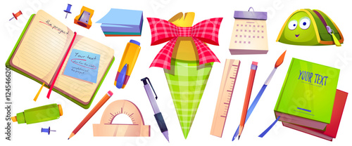 School supply collection with green German Schultute cone, books and notebook, pens, and ruler, calendar and pins, marker and case. Educational items with cute cartoon primary student stationery.