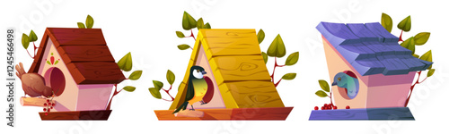 Cartoon birdhouse collection with perched birds, wooden roofs, decorative leaves and food berries. Colorful nesting boxes for garden decoration. Nature care elements - cute birdcage with animals.