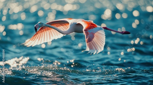 Flamingo in flight over sparkling water.