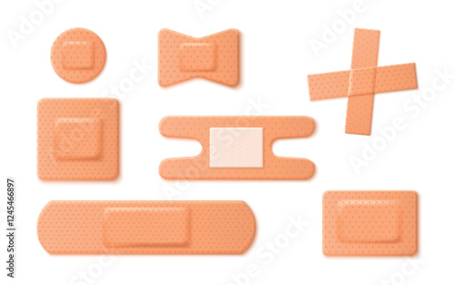 Medical bands set isolated on white background. Vector realistic illustration of first aid plaster, sticky bandage, adhesive strip for skin wound treatment, emergency care patches of different shape