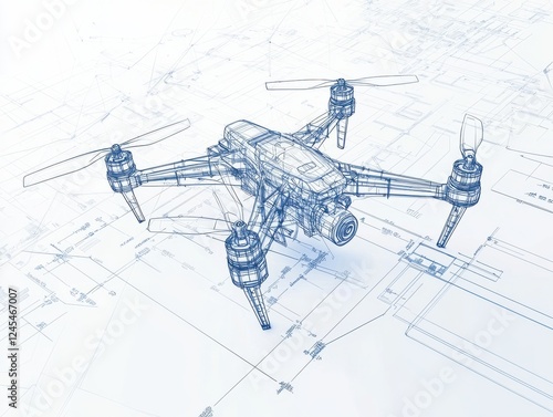 Drone with construction blueprints on its surface flying above a building site in urban environment