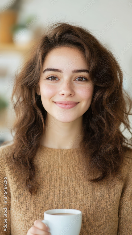 Smiling Young Caucasian Female Holding Coffee Cup Indoors Smiling Young Caucasian Female Holding Coffee Cup Indoors