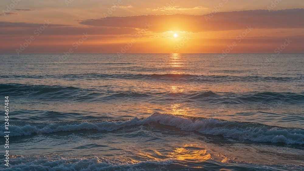 Sunset over the ocean with waves reflecting the evening sky Sunset over the ocean with waves reflecting the evening sky