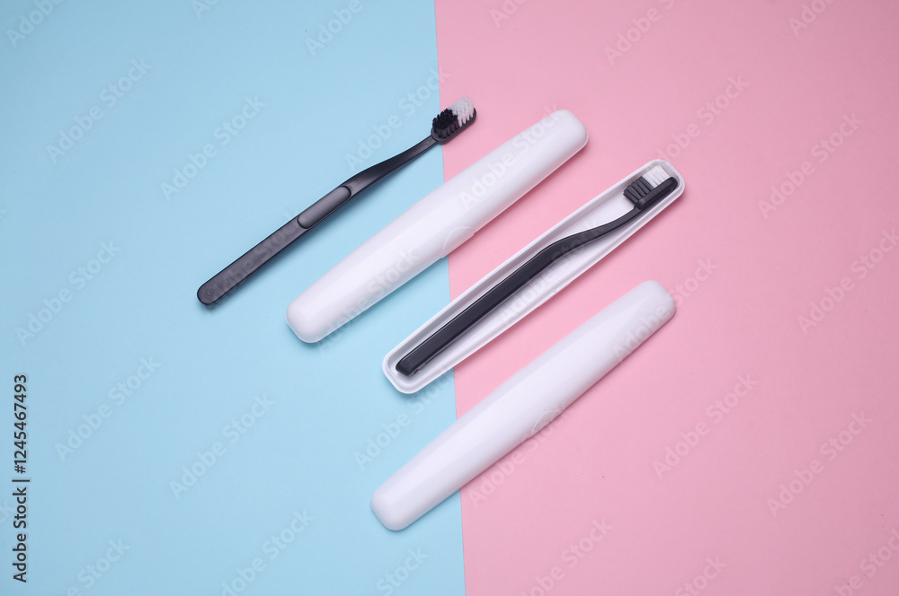 Plastic cases with toothbrushes on blue pink background Plastic cases with toothbrushes on blue pink background