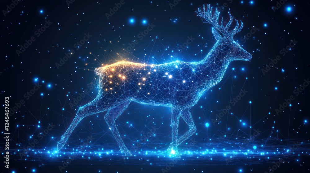 Fototapeta premium Glowing polygonal deer walking in starry night.