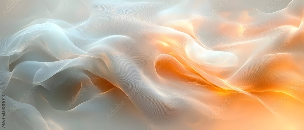 Obraz premium A mesmerizing blend of soft waves in white and orange hues creates an ethereal, dreamlike atmosphere. The flowing shapes evoke a sense of tranquility and warmth.