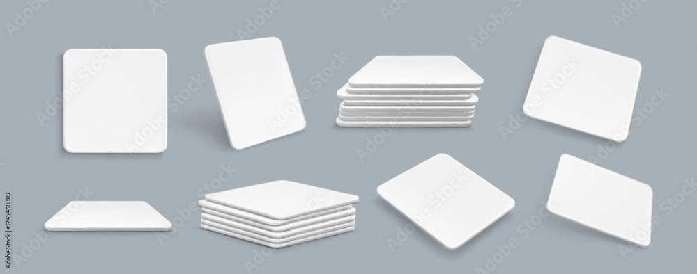 Blank drink coasters set isolated on background. Vector realistic illustration of white paper squares for tea cup, coffee mug or beverage bottle, table mat mockup with surface for corporate branding Blank drink coasters set isolated on background. Vector realistic illustration of white paper squares for tea cup, coffee mug or beverage bottle, table mat mockup with surface for corporate branding