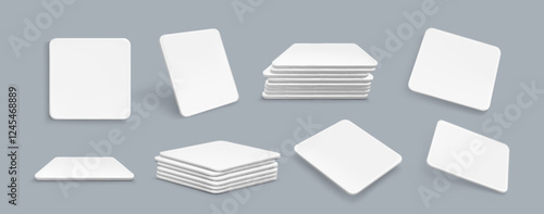Blank drink coasters set isolated on background. Vector realistic illustration of white paper squares for tea cup, coffee mug or beverage bottle, table mat mockup with surface for corporate branding