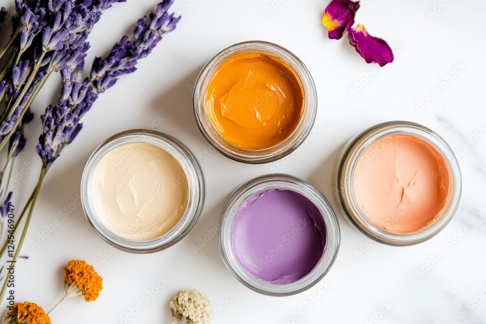 Naklejka premium Sustainable Zero-Waste Beauty DIY Balms and Creams in Reusable Glass Jars with Dried Flowers on Marble for Eco-Friendly Skincare Marketing and Organic Beauty Branding