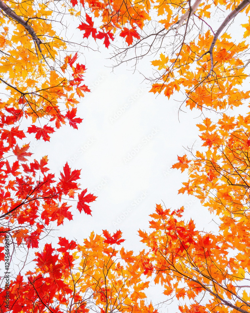 Vibrant autumn leaves in red and orange frame bright sky above Vibrant autumn leaves in red and orange frame bright sky above