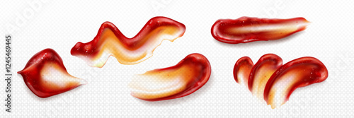 Ketchup splash collection with various liquid shapes - curved swirl, wavy streak, flowing drops in bright red color. Sauce or condiment smears with realistic 3d texture on transparent background.