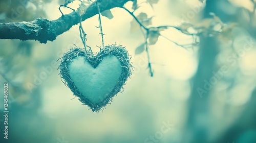 Heart shaped nest hanging from a tree branch
