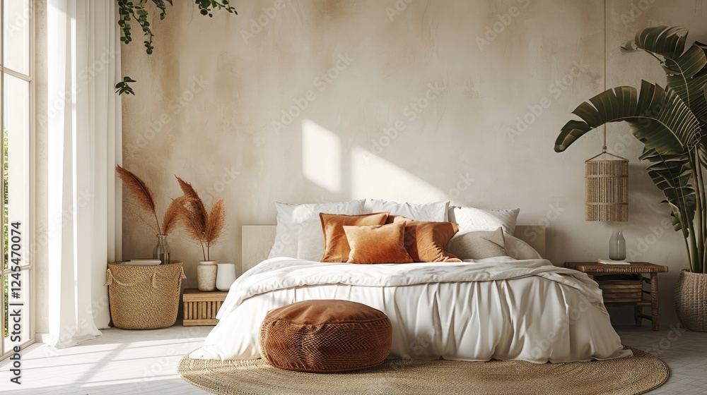 Stylish bohemian bedroom with a comfortable bed with brown terracotta pillow near plants and pouf seat. relaxing boho bed design.