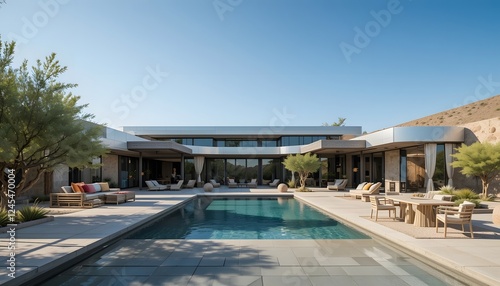 8K ultra-modern desert oasis home with reflective metallic exteriors, shaded pergolas, and an underground pool photo