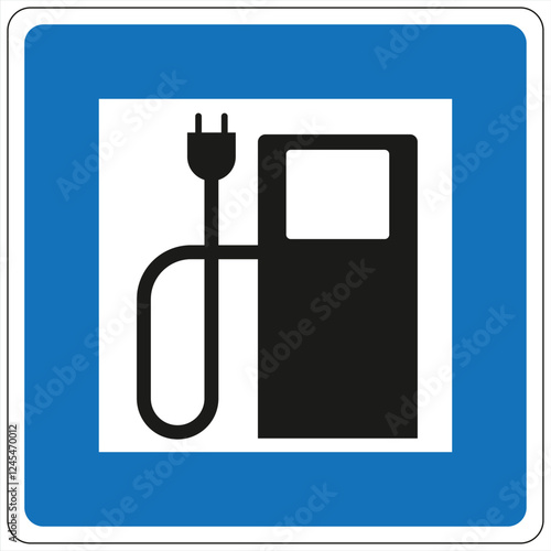 Blue and white road sign displaying charging station symbol promoting electric vehicles and sustainable mobility