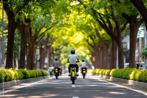 Wallpaper Mural Eco-Urban Commute E-Bike Riders on Green Corridor with Lush Trees Sustainable Transit Solutions and Eco-Friendly Urban Living Content for Green Initiatives Torontodigital.ca