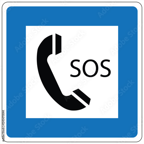 Blue and white road sign with a black phone symbol and sos message, indicating an emergency call service
