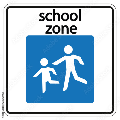 Blue and white school zone road sign showing two children crossing, promoting safety and caution for drivers