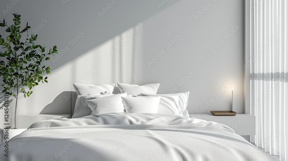 Minimalist white bedroom interior With neatly made bed with pillows, soft lighting, and a small plant