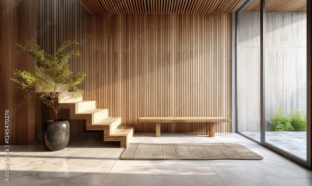 Minimalist modern interior with a wooden staircase and bench near plant on black pot in sunlight.